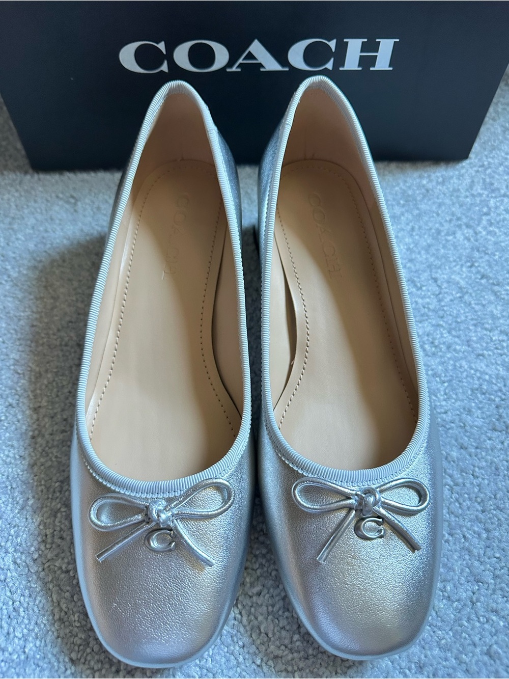 COACH Ava Silver Ballet Pumps with Bow & 'C' Charm